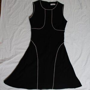 Calvin Klein Black Classic Flare Dress Size 2 Lined w. White Piping